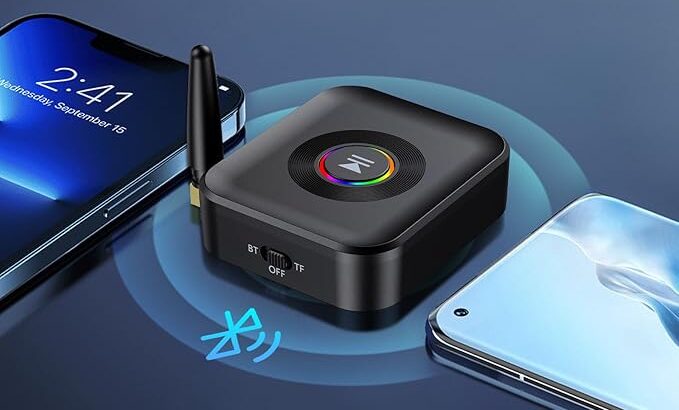 Bluetooth Aux Adapter for Home Stereo, Bluetooth 5.1 Receiver with RGB Light, Support FT Card, 3.5mm